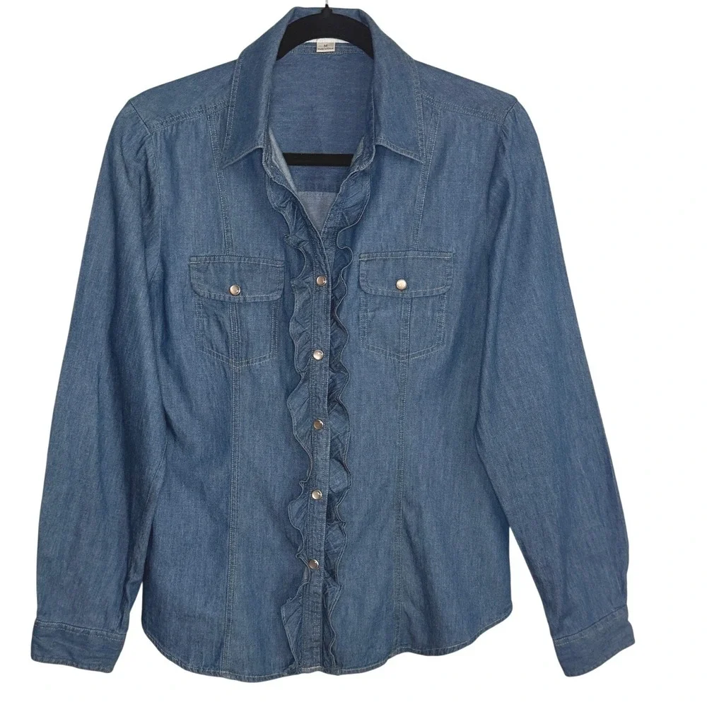 Pendleton Womens Denim Ruffle Pearl Snap Western Shirt Country Rodeo M - Picture 13 of 13